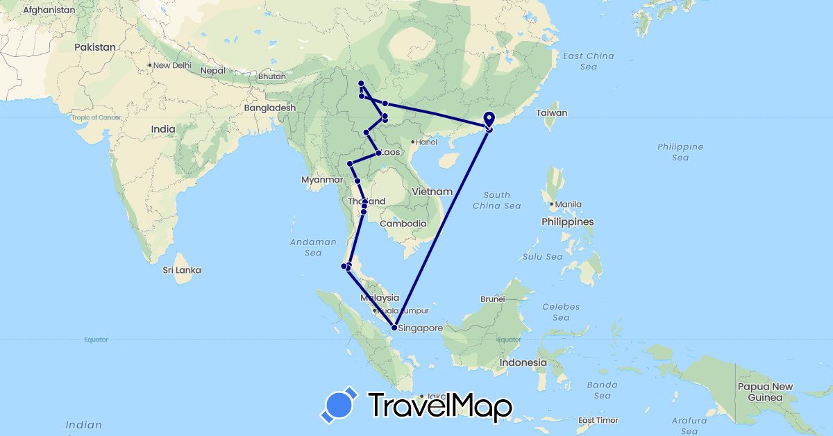TravelMap itinerary: driving in China, Hong Kong, Laos, Singapore, Thailand (Asia)